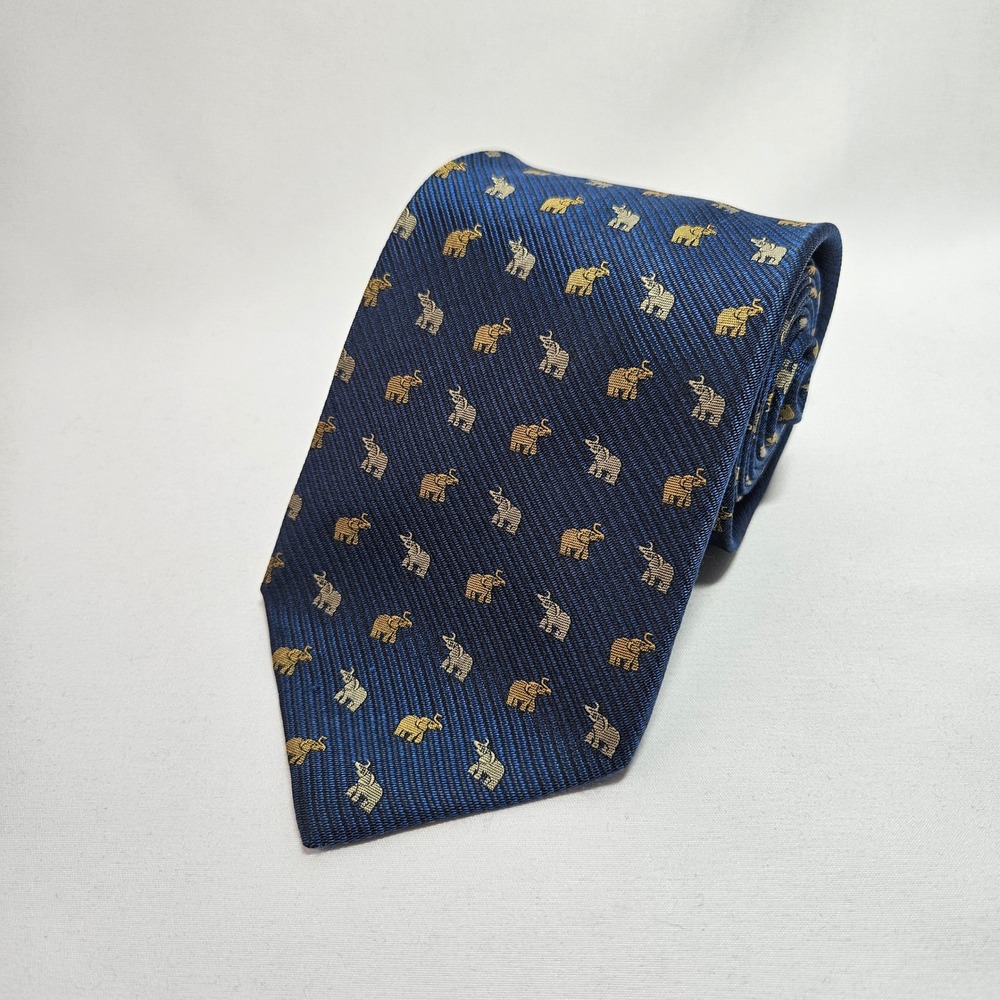 Jim Thompson Mens Silk Tie‎ Navy Blue Gold Silver Elephant Pattern 3.75"x60"